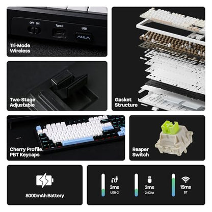 EPOMAKER X Aula F108 PRO Wireless Gaming Keyboard with Screen, 8000mAh Battery, 104 Hot-Swappable and Programmable Keys and Knob, RGB Backlight, for Mac/PC/Android (Blue&White&Black) - color: Blue&White&Black