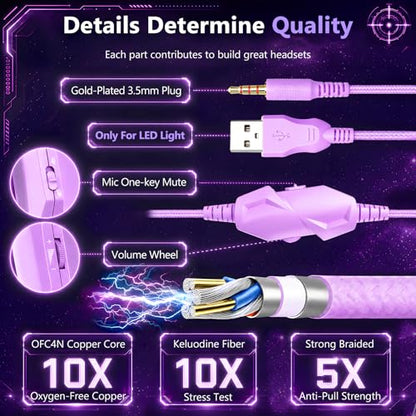 K98 Wired RGB Gaming Headset with Mic, Over Ear Gaming Headphones, 50mm Neodymium Drivers, Noise Isolating Microphone, Memory Foam Cushions, Aluminum Alloy Frame for PC, PS5, PS4, Xbox, Switch - color: White/Purple RGB
