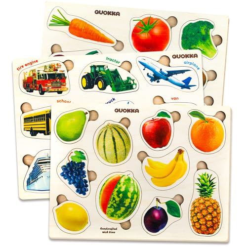 Wooden Puzzles for Toddlers 1-3 - 3 Montessori Kids Puzzles Ages 2-4 | Educational Realistic Wood Toddlers Puzzles ages 3-5 — Learning Fruits, Cars and Vegetables for Boy and Girl - color: Realistic Fruits, Cars and Vegetables