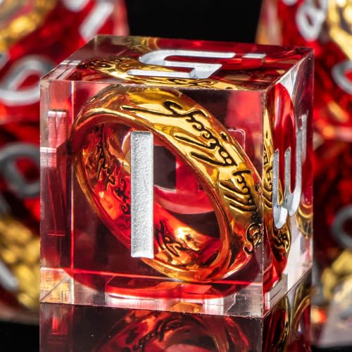 OUKELANWO Magic Lord Rings DND Dice Set with Box, 7Pcs Resin LOTR D&D Dice Set for Role Playing Game, Red Dungeons Dragons D and D Sharp Edge Dice D20 D12 D10 D8 D6 D4 - color: Red & White