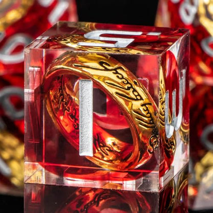 OUKELANWO Magic Lord Rings DND Dice Set with Box, 7Pcs Resin LOTR D&D Dice Set for Role Playing Game, Red Dungeons Dragons D and D Sharp Edge Dice D20 D12 D10 D8 D6 D4 - color: Red & White