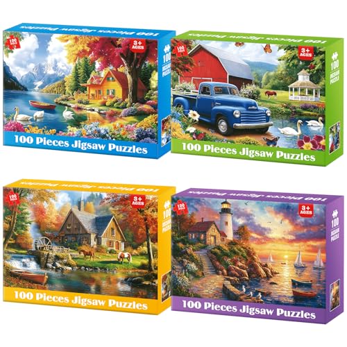 100 Piece Puzzles - 4 Themed Landscapes Large Piece Puzzles for Senior Adults Kids Puzzle Ages 5-8 Jigsaw Puzzle for Kids Ages 4-6 6-8 8-10 Year Old Educational Toys for Girls Boys 4-Pack - style: Swan Lake Autumn Forest Cabin Lighthouse