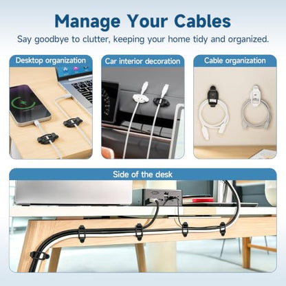 10 Sets Adjustable Cable Management Clips, Self Adhesive Cord Organizer with Elastic Loop, Reusable Cable Holder for Desk, Under Desk, Wall, TV, Office, Home, Charging Cables, USB, HDMI, PC Wires