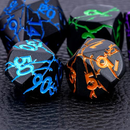 D&D Metal Dice Dungeons and Dragons Metal Dice Set with Cracks, Polyhedral Dice Set for RPG TTRPG D&D Die with Gift Case - color: Black and Coloured Cracks