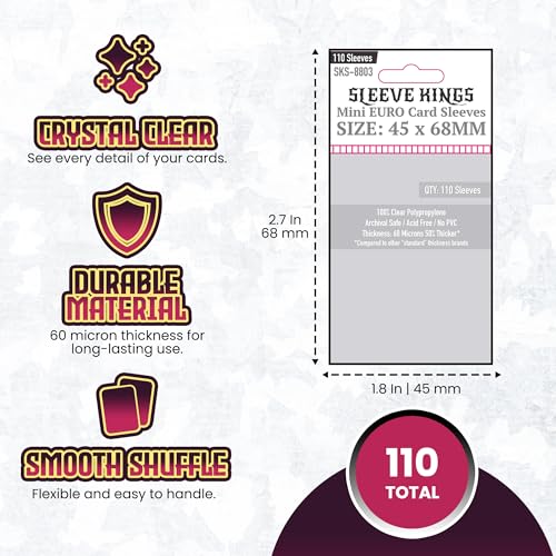 Sleeve Kings Mini Euro Card Sleeves 45 x 68 mm – 110 Pack, Extra Clear 60 Micron Polypropylene, Acid-Free, PVC-Free – SKS-8803 - size: 45 x 68 mm, style: Mini Euro