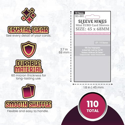 Sleeve Kings Mini Euro Card Sleeves 45 x 68 mm – 110 Pack, Extra Clear 60 Micron Polypropylene, Acid-Free, PVC-Free – SKS-8803 - size: 45 x 68 mm, style: Mini Euro