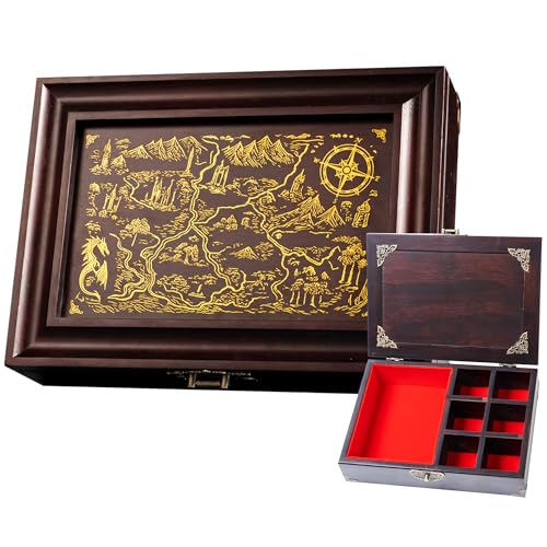 Vintage Dice Tray & Rolling Box for DnD - With Adjustable Dividers | Antique-Style Storage Vault, Adjustable Dividers for Dice, Minis & Tokens, Solid Pine, Tabletop RPG Gift for D&D Players - color: Ancient Map Red Velvet