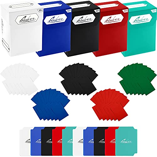 5 Deck Boxes 80+ & 500 Artemis Mixed Sleeves Bundle | 5 deck boxes 80+ with 2 dividers each and 500 Artemis mixed sleeves (66 x 93 mm), for MTG and TCG - color: White, Black, Blue, Red & Green, size: 80+ (with sleeves)