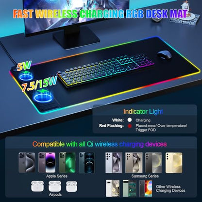 Mouse Pad with Phone Holder, Wireless Charging Desk Mat, RGB Gaming Mousepad Home Office Large Desk Pad with Ultra-Smooth Surface, Non-Slip Base, Waterproof Keyboard Pad,Black with 20W USB C Charger - color: 31.5x15.75"Phone Stand-Black w/PD Charger