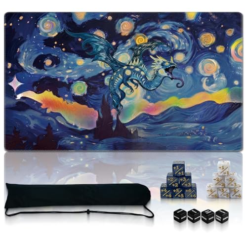 Ultimate TCG Battle Set: 24"x14" Stitched Fantasy Playmat, 16 Dice & Carry Bag – Non-Slip 2mm Rubber Card Game Mat for Trading Card Games (Starry Dragon, Classic Series) - color: Starry Dragon, size: CLASSIC SERIES