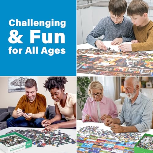 BenBen 4 Pack 1000 Piece Puzzle for Adults, Thick Cardboard Pieces | World Landscape, USA Landmarks, Dogs' Dinner Party, Jungle Parrots Jigsaw Puzzles with Letters or Patterns on Back
