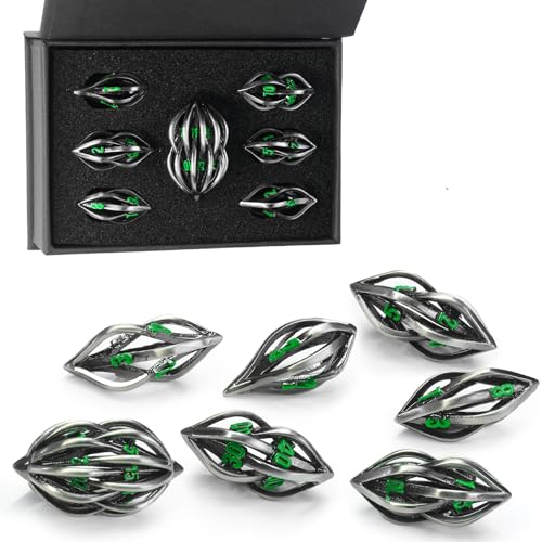 FONVGOGO Arcanum Dungeons and Dragons Dice Hollow Metal D and D Polyhedral Cool RPG Dice for Role Playing DND Gifts D20 D12 D10 D8 D6 D4 (Arcanum Green Number) - color: Arcanum Green Number