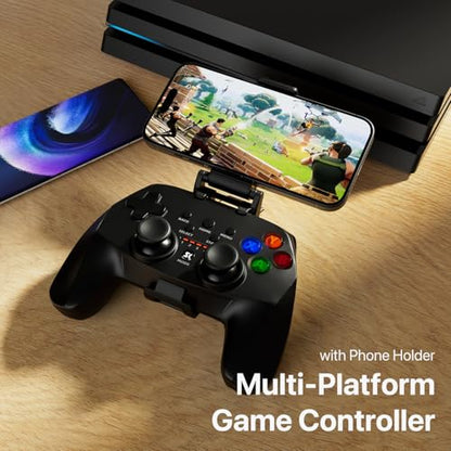 ISHAKO Mobile Game Controller with Stand for PC Windows/Android/iPhone, 360° joystick with 2.4G receiver, phone holder, USB-C charging prot, Mobile Game Controller - Black