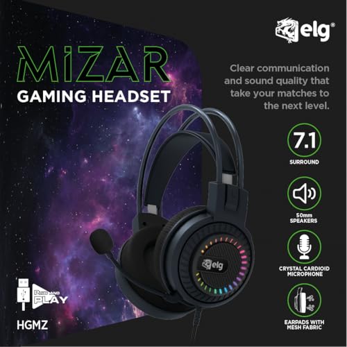 ELG Mizar USB Gaming Headset, PC/PS4/PS5, Virtual 7.1 Surround, 50mm Drivers, Omnidirectional Mic, Pop Filter, Braided Cable, RGB, Black