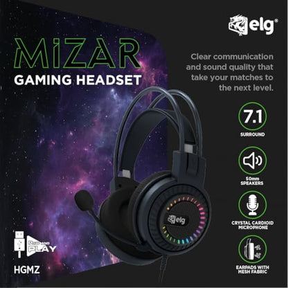 ELG Mizar USB Gaming Headset, PC/PS4/PS5, Virtual 7.1 Surround, 50mm Drivers, Omnidirectional Mic, Pop Filter, Braided Cable, RGB, Black