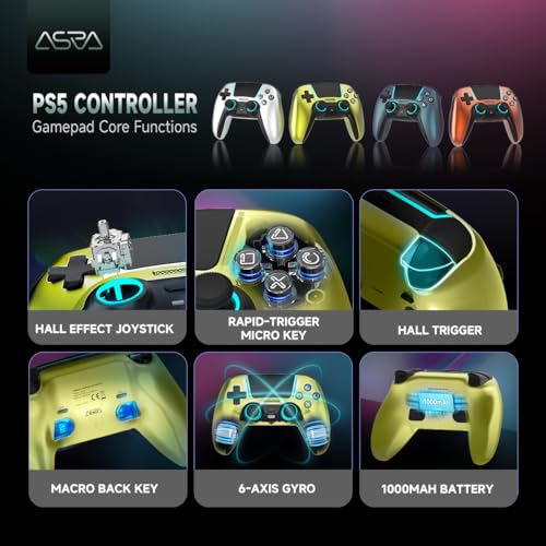 ASRVA Chrome Green Wireless Pro Controller for PS5,4 Back Buttons,Hall Effect Joystick(No Drift),Micro-Switch,Gyro,Macro,1000mAh,RGB,Compatible with PS5 Pro/Slim/PC/iOS/Android - color: Chrome Green
