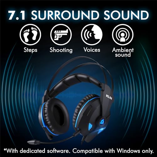 KLIM Impact V2 - USB Gaming Headset - 7.1 Surround Sound - Noise Cancelling - High Definition Audio - Strong Bass - Video Games Headphones Audifonos with Microphone for PC Gamer PS4 - Noise Cancelling
