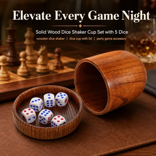 Toddmomy Wooden Dice Cup with Lid and Tray, Solid Wood Shaker Set with 5 Dice for Bar KTV Party, Board Game Accessories for Game Night