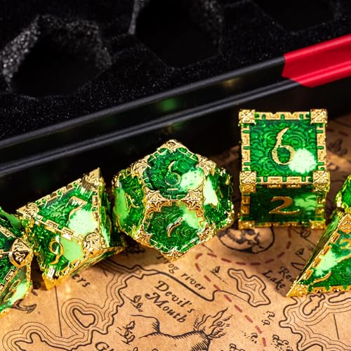 Cusdie 7Pcs Metal Dice with Metal Box, Dagger Design Polyhedral DND Dice Set, for Role Playing Game D&D Dice (Golden Green) - color: Dagger-golden Green