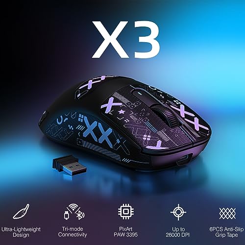 MANBASNAKE Attack Shark X3 Wireless Gaming Mouse, 49g Lightweight Triple Mode Ergonomic Computer Mouse, PAW3395 26K DPI Sensor, 200h Battery Life, Griptape Programmable Buttons for PC/Laptop/Mac/Win - color: Black & Griptape