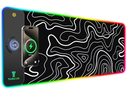 TARKARI Magnetic Wireless Charging RGB Mouse Pad, Large Gaming Desk Mat Waterproof, 31.5"x11.8" Black Mousepad, Ultra-Smooth Surface, Non-Slip Rubber Base, Desk Pad for Keyboard Laptop - color: Topographic Pattern