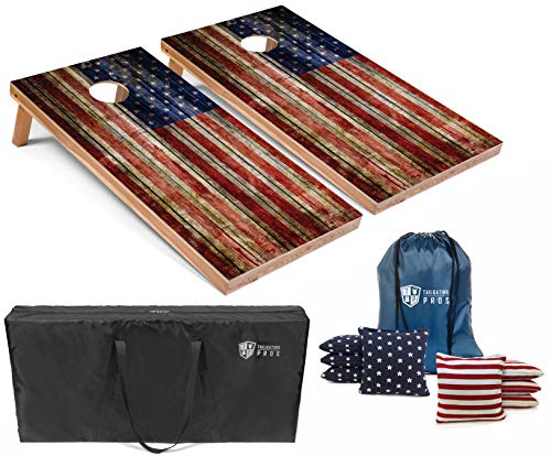 Tailgating Pros Cornhole Board Set w/Bean Bags and Carrying Case - 4'x2' Corn Hole Toss - Tournament and Lightweight Options - Optional LED Lights - color: Rustic Plank Flag, size: 4'x2' Boards