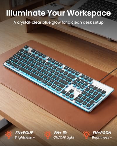SEUNKWANG Wired Backlit Keyboard with Pudding Keycaps, Quiet Full Size Computer Keyboard Blue Backlight Easy-to-Read, Never Fade, Metal Panel, USB Cute Desk Setup for Windows PC Desktop, Black - color: Black-blue