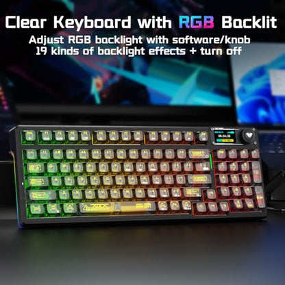 Aula F98Pro V3 Wireless Mechanical Keyboard with Screen & Knob,Tri-Mode Hot Swappable Computer Keyboards,10000mAh Battery,Clear Keycaps RGB Backlit Gasket Mount Black Gaming Keyboard for PC/Office - color: Black