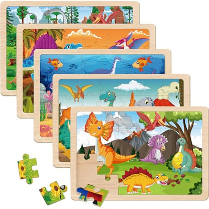 Wooden Puzzles Dinosaur Toys for Kids Ages 3-5, Set of 5 Packs with 30-Piece,Preschool Educational Brain Teaser Toys for Boys and Girls 3-8 Years Old