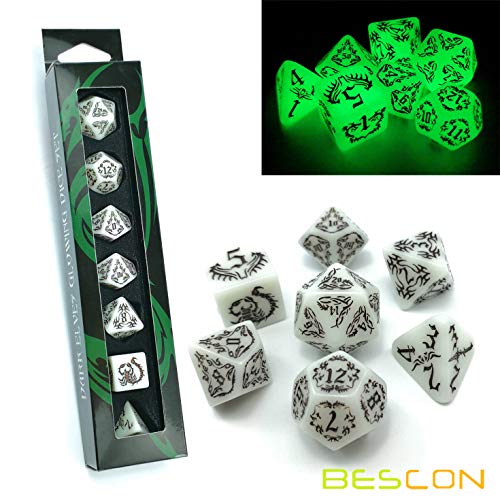 BESCON Dark Elves Glowing Dice Set (7 piece), Oversized Glow in Dark Carved Role Playing Games RPG Dice Set - color: Dark Elves
