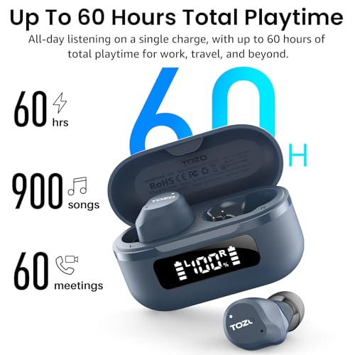 TOZO NC9 Hybrid Active Noise Cancelling Wireless Earbuds, 60H, LED Display | 6 Mic ENC Clear Calls, Deep Bass Sound, IPX8 Waterproof, in Ear Bluetooth 5.3 Headphones,32 EQs via APP, Comfort Fit Ear Buds - color: Blue