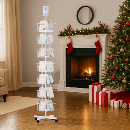TONGMO 7-Tier Greeting Card Display Rack: 28-Pocket Rotating Countertop Stand for Postcards, Brochures, and Greeting Cards (White, 68.9”H) - color: 28 Pockets-White