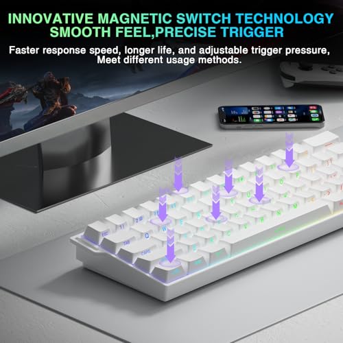 Aula MINI60 HE PRO Wireless Gaming Keyboard 60%,Hall Effect Rapid Trigger Magnetic Keyboard,8000Hz Polling,Tri-Mode(BT5.0/2.4GHz/USB-C),RGB Hot Swappable Compact Mechanical Keyboard for Gamer(White) - color: Pro-White Side