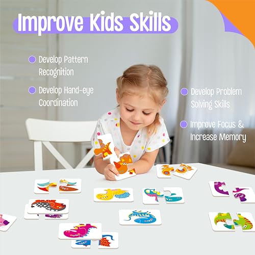 48 Dinosaurs Matching Puzzles with Error-Correction, Self-Correcting Puzzle Match Game Educational Matching Puzzles for Toddlers Kindergarten, Dinosaur-Themed Learning Games Toys for 3 Years Old - style: Dinosaur