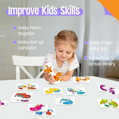 48 Dinosaurs Matching Puzzles with Error-Correction, Self-Correcting Puzzle Match Game Educational Matching Puzzles for Toddlers Kindergarten, Dinosaur-Themed Learning Games Toys for 3 Years Old - style: Dinosaur
