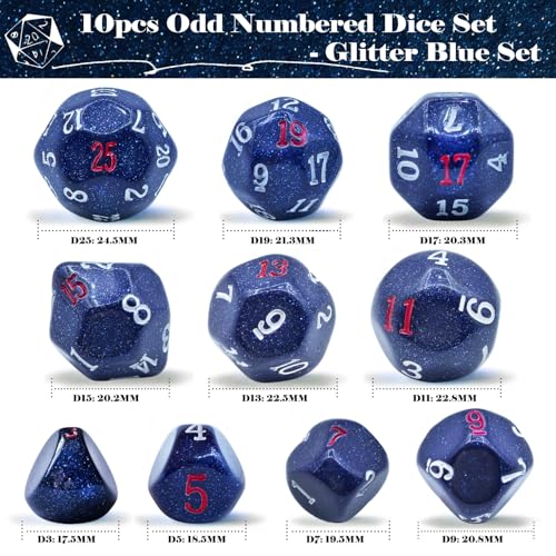 10 Pieces Odd Numbered Polyhedral Dice Set D3-D25, Odd Number Dice D3, D5, D7, D9, D11, D13, D15, D17, D19, D25 for Role Playing Table Games (Glitter Blue Set) - color: Glitter Blue Set