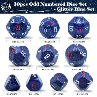 10 Pieces Odd Numbered Polyhedral Dice Set D3-D25, Odd Number Dice D3, D5, D7, D9, D11, D13, D15, D17, D19, D25 for Role Playing Table Games (Glitter Blue Set) - color: Glitter Blue Set