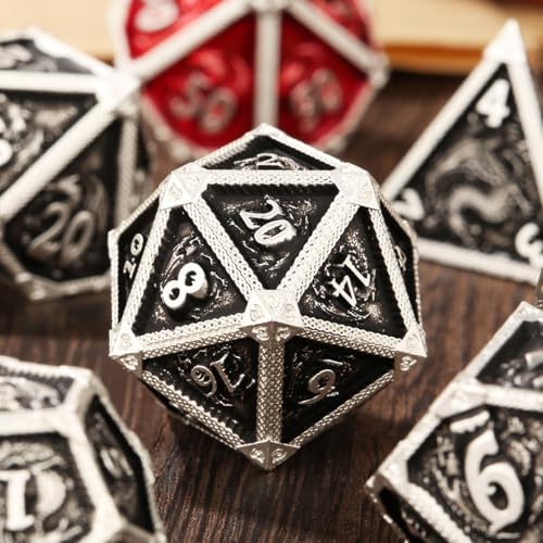 Metal Dice Set, Fly Dragon Pattern, 7pcs Polyhedral Metal DND Dice Set, DND Starter Set, D&D Gifts with Gift Box, Role Playing Board Games Accessories, Silver ﻿ ﻿ - color: Silver