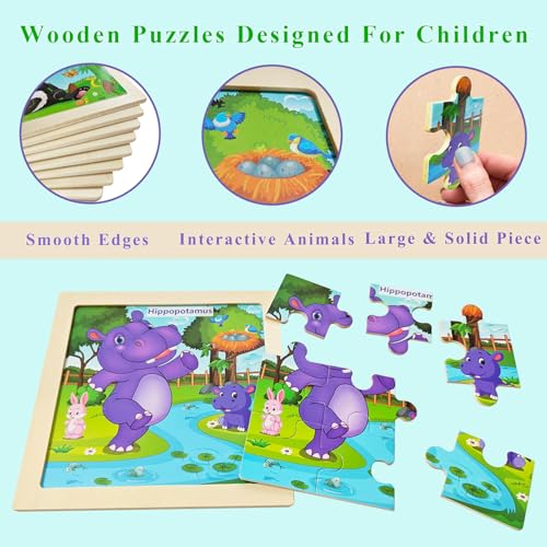 Wooden Puzzles for Toddlers Ages 2-4, 8 Pack 9 Pcs Kids Jigsaw Puzzles Set for Ages 3-5, Educational Learning Toys Gift for 3 4 5 Year Old Boys Girls, Cute Preschool Animal Patterns