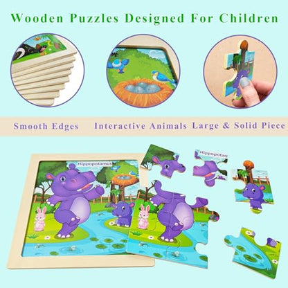 Wooden Puzzles for Toddlers Ages 2-4, 8 Pack 9 Pcs Kids Jigsaw Puzzles Set for Ages 3-5, Educational Learning Toys Gift for 3 4 5 Year Old Boys Girls, Cute Preschool Animal Patterns