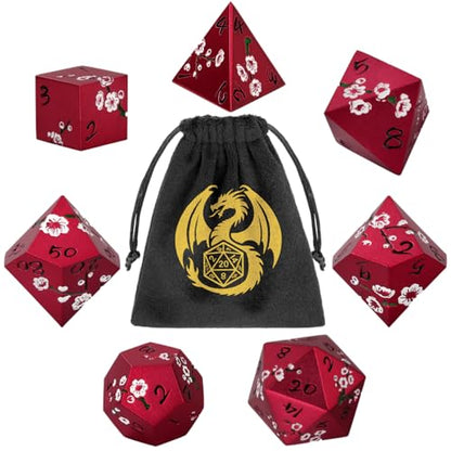 Metal Dice Set, Flat Face Red Plum Blossom Pattern, 7pcs Polyhedral Metal DND Dice Set, DND Starter Set, D&D Gifts with Gift Bag, Role Playing Board Games Accessories, Red - color: Red With Gift Bag