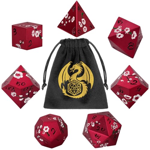 Metal Dice Set, Flat Face Red Plum Blossom Pattern, 7pcs Polyhedral Metal DND Dice Set, DND Starter Set, D&D Gifts with Gift Bag, Role Playing Board Games Accessories, Red - color: Red With Gift Bag