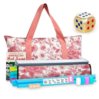 American Mahjong Tile Set, Mah Jong Set Complete with Pink Flower Bag, 166 White Tiles with Golden Dices for Travel, 4 All-in-One Mahjong Racks with Pushers (Pink) - color: Pink