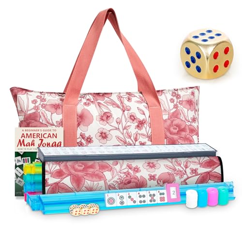 American Mahjong Tile Set, Mah Jong Set Complete with Pink Flower Bag, 166 White Tiles with Golden Dices for Travel, 4 All-in-One Mahjong Racks with Pushers (Pink) - color: Pink