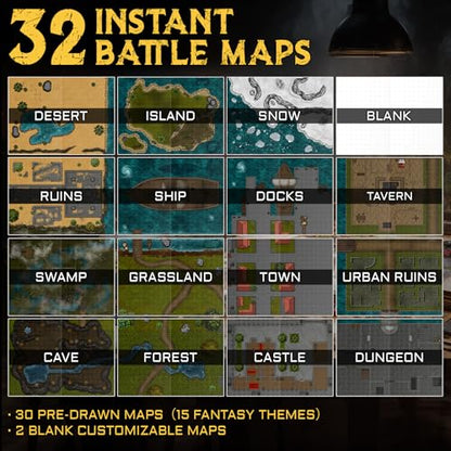 CZYY DND Battle Map Book, Reusable RPG Terrain Kit for Miniature Battles | 32 Dry & Wet Erase Maps, 100+ Scenery Decals, 1 in Grid, Lay-Flat Design, Fast Setup for Campaigns & Game Nights