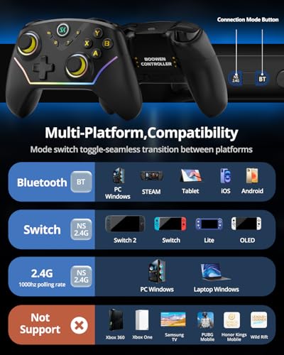 Multi-Platform Wireless Controller, PC Gaming Controller with 2.4G Adpater/Hall Joysticks/Hall Triggers/1200 mAh Battery/4 Programmable Buttons/RGB Lighting, Compatible with PC Windows 7/8.1/10/11, Switch/OLED/Lite, iOS, Android, Steam-Black - color: Blac
