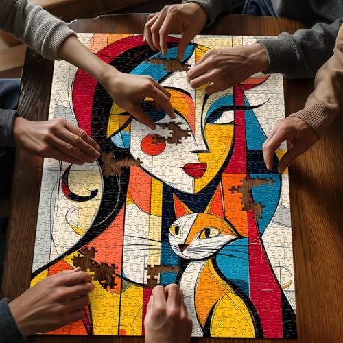 Abstract Art Puzzles for Adults 1000 Pieces, Women Cat Jigsaw Puzzles Modern Geometric, Unique Animal Puzzles Picasso Style - style: Abstract Puzzle