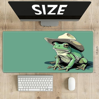 TCG Playmat Board Game Mat Plus 50 Pcs Card Sleeves, 24 x 14 Table Mats Game Mousepad with Soft Surface Non-Slip Base for MTG RPG CCG Trading Card Game Playmats, Green Frog - color: Cowboy Frog, size: 24 x 14 inches - No Zones