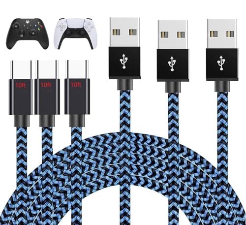 PS5 Charging Cable 3Pack 10FT PlayStation 5 Controller Charger Cord,Xbox Series X/S Controller Charger Cable Nintendo Switch USB C Cord Nylon Braided Type-C Ports for Fire HD 10 11 12th Newer Fire - color: BLUE BLACK, size: 10/10/10FT
