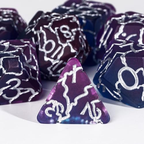 Purple DND Dice Cracked Polyhedral Dice Set D&D for Tabletop Games | Leather Storage Bag, DM Gift, for Dungeons and Dragons Role Playing Games - color: Crackle-silver